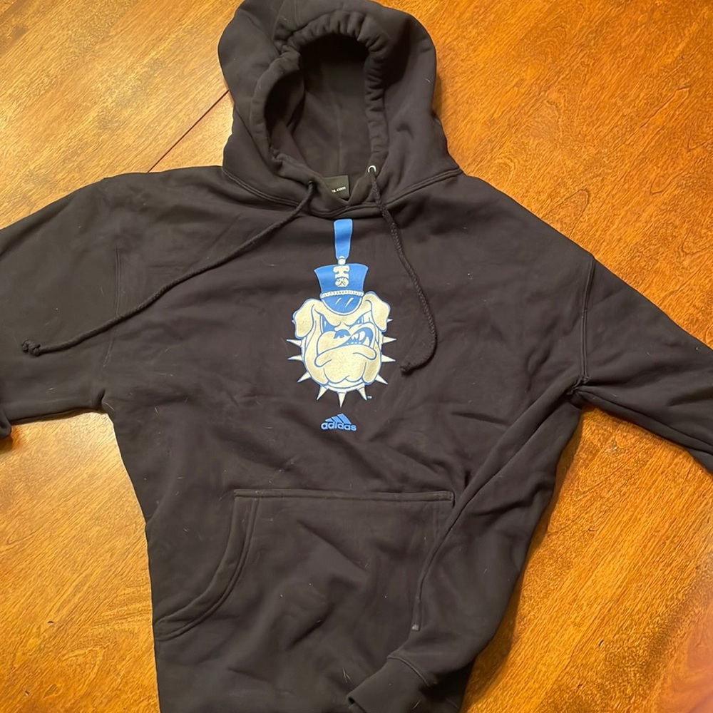 adidas Citadel (college) Bulldog logo sweatshirt, hooded, navy blue.